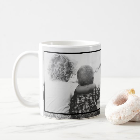 2 zwart-witfoto's koffiemok (Met donut)