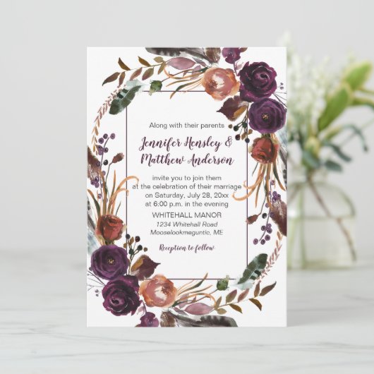#2Butter Rum Rust donker Paarse Rozen krans bruilo Kaart (Staand voorkant)