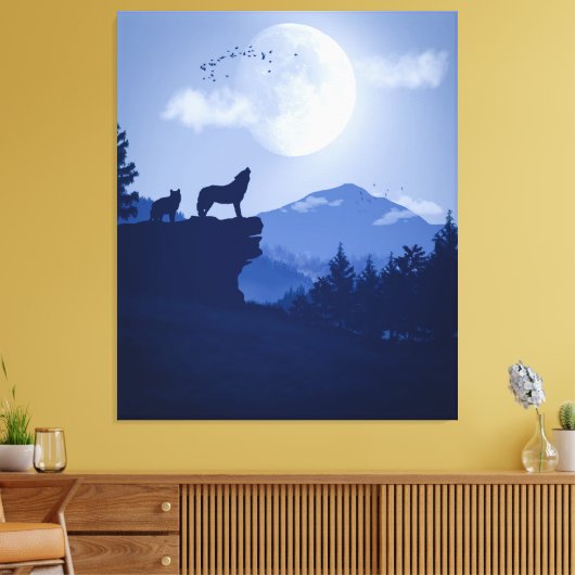 2D Howling wolf landschap Canvas Afdruk (Insitu (Woonkamer))