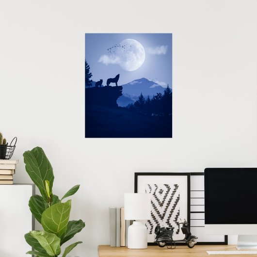 2D Howling wolf landschap Poster (Thuiskantoor)