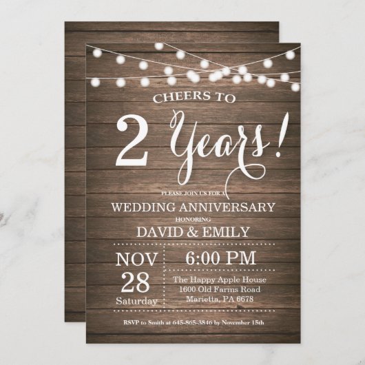 2de bruiloft Jubileum Uitnodiging Rustic Wood (Voorkant / Achterkant)