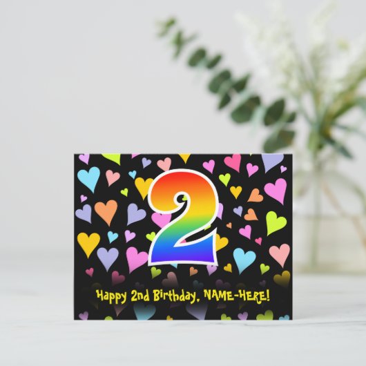2de verjaardag: Fun Hearts Pattern, Rainbow 2 Briefkaart (Staand voorkant)
