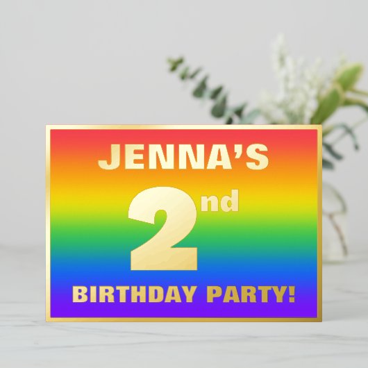 2de verjaardag: Fun, kleurrijk regenboogpatroon Folie Uitnodiging (Staand Voorkant)