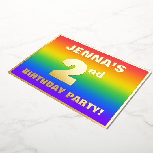 2de verjaardag: Fun, kleurrijk regenboogpatroon Folie Uitnodiging (Gedraaid)