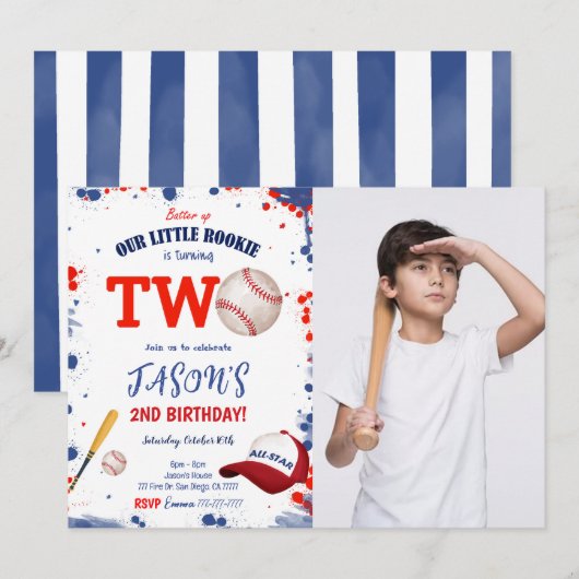 2de verjaardag honkbal foto uitnodiging (Voorkant / Achterkant)