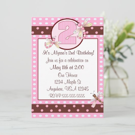 2de verjaardag roze dragonfly meisjes uitnodigen kaart (Staand voorkant)