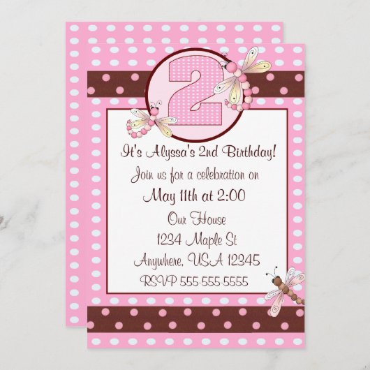 2de verjaardag roze dragonfly meisjes uitnodigen kaart (Voorkant / Achterkant)