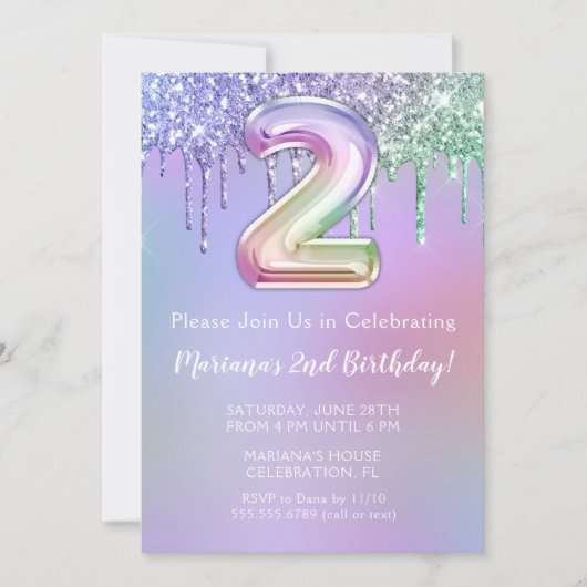 2de verjaardagsfeest uitnodiging paars roze glitte (Voorkant)