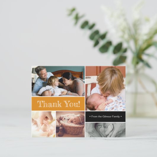 2e baby foto's Oranje Dank u baby shower Aankondigingskaart (Staand voorkant)