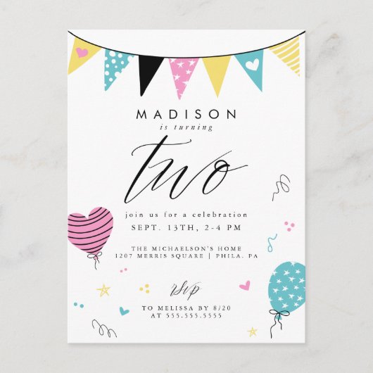 2E BIRTHDAY | Cute Doodle Birthday Party Briefkaar Briefkaart (Voorkant)