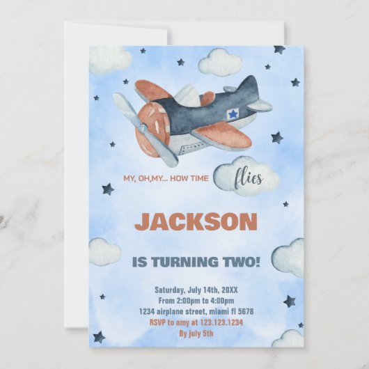 2e Blauw Vliegtuig Verjaardag Uitnodigingen (Voorkant)
