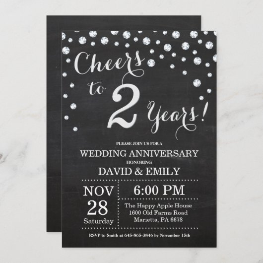 2e bruiloft Jubileum Chalkboard Black Silver Kaart (Voorkant / Achterkant)