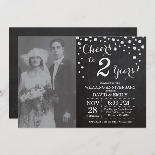 2e bruiloft Jubileum Chalkboard Black Silver Kaart (Voorkant / Achterkant)