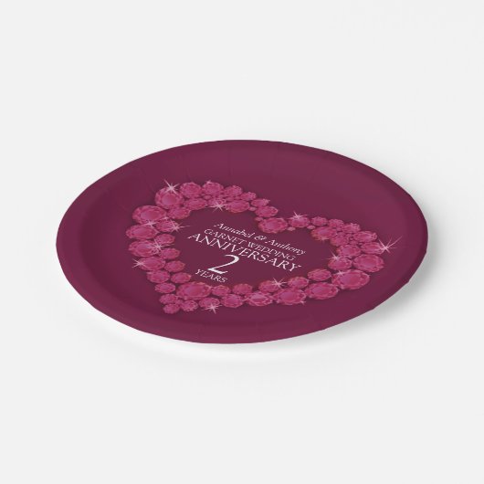 2e bruiloft Jubileum granaat rood hart Ronde pool Papieren Bordje (Gekanteld)