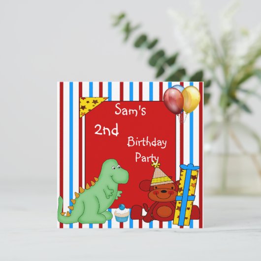 2e Dinosaur Cupcake ballon Stripe Birthday Red Kaart (Staand voorkant)