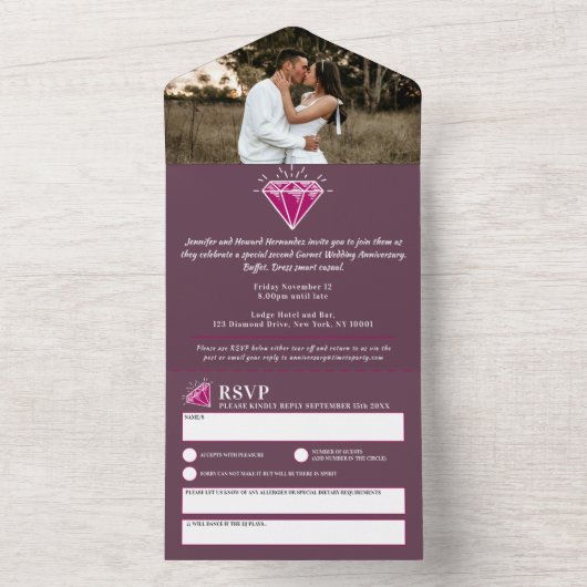 2e granaat huwelijksjubileum feest edelsteen rood all in one uitnodiging (Binnen)
