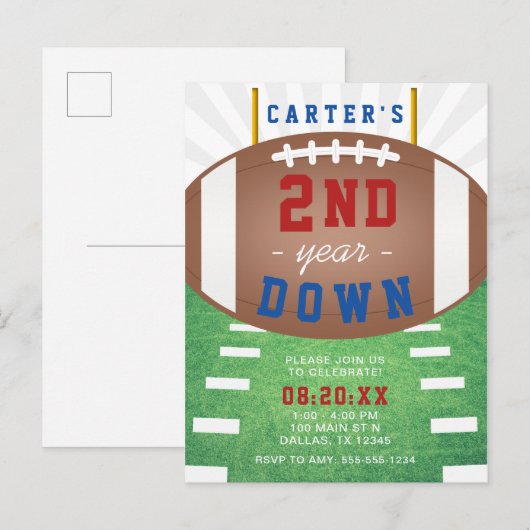 2e Jaar Down Football Thema Verjaardag Uitnodiging Briefkaart (Voorkant / Achterkant)