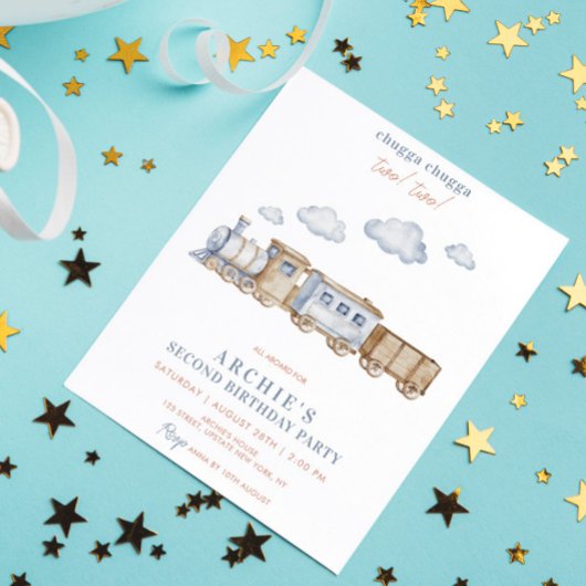 2e Jongen Verjaardag Party Train Waterverf TWEE Kaart