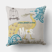 2e Jubileum Blauwgroen Geel Koraal Damask Birdcage Kussen (Achterkant)