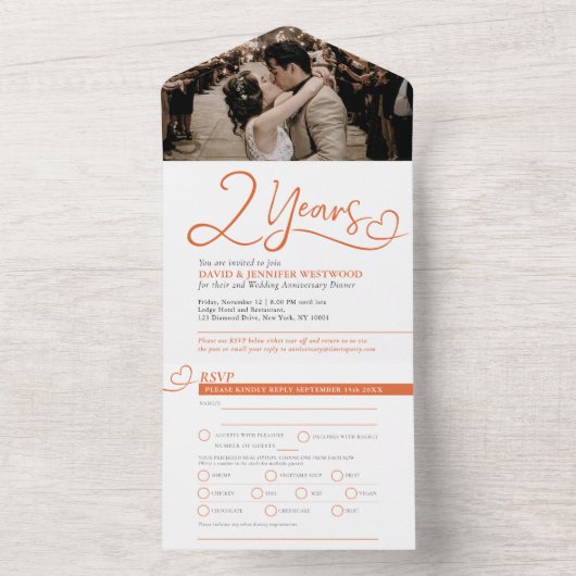 2e Jubileum-bruiloft RSVP mandarijngranaat All In One Uitnodiging (Binnen)