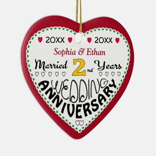 2e Jubileum Gift Hartvormige Kerst Keramisch Ornament (Rechts)