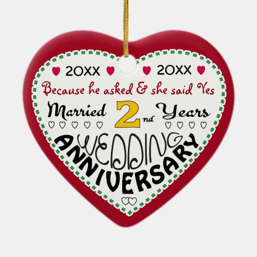 2e Jubileum Gift Hartvormige Kerst Keramisch Ornament (Achterkant)