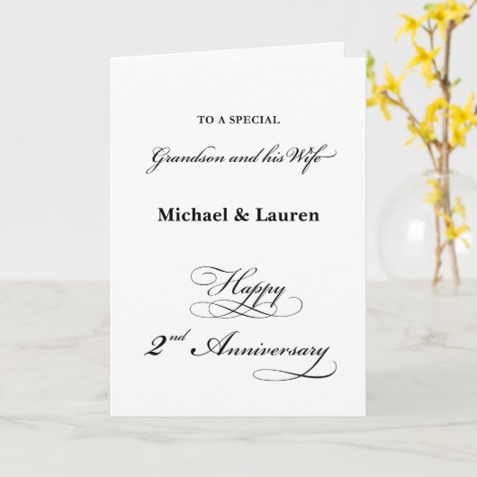 2e Jubileum Kleinzoon en Vrouw Elegant Script Kaart (Gele Bloem)