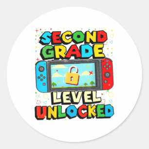 2e klas niveau ontgrendeld grappige gamer jongens ronde sticker