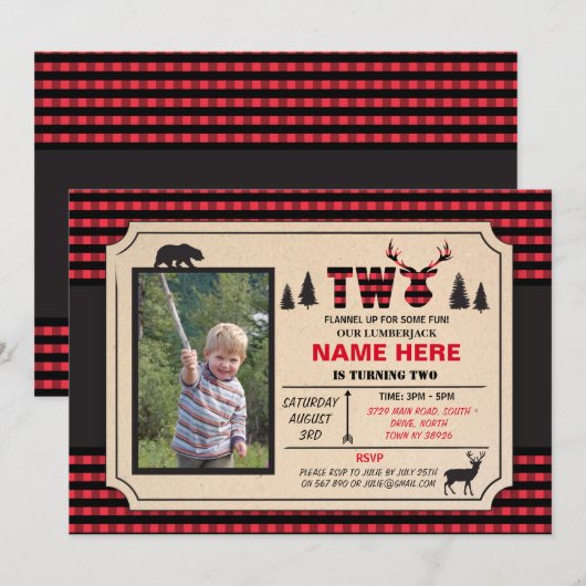 2e Lumberjack Two Birthday nodigt de Vraag de Cont Kaart (Voorkant / Achterkant)