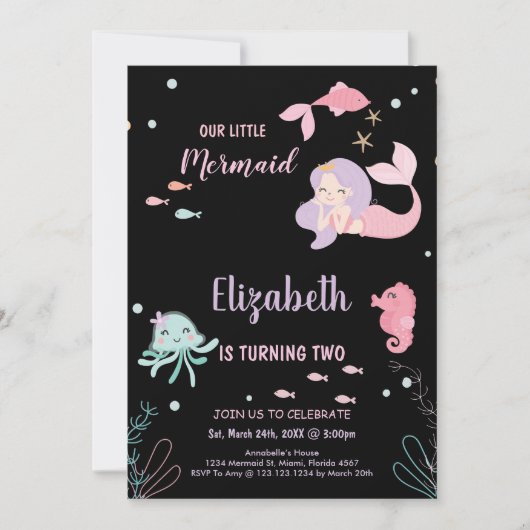 2e onze kleine roze zeemeermin verjaardag uitnodig kaart (Voorkant)