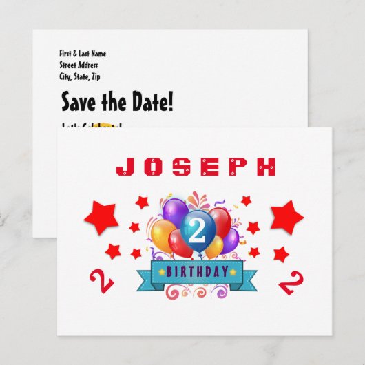 2e Opslagdatum Verjaardagsballonnen en Sterren S01 Aankondigingskaart (Voorkant / Achterkant)