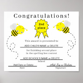 2e plaats Spelling Bee Certificaat voor Kinderen Poster