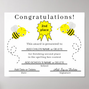 2e plaats Spelling Bee Certificaat voor Kinderen Poster