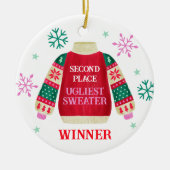 2e plaats Ugly Sweater Contest prijswinnaar Keramisch Ornament (Voorkant)