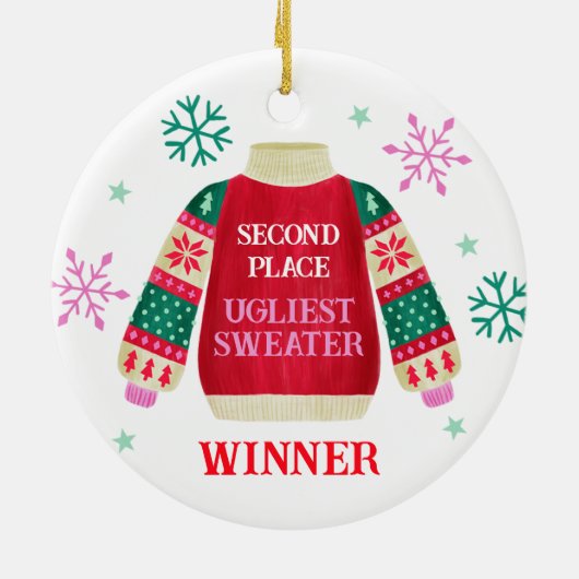 2e plaats Ugly Sweater Contest prijswinnaar Keramisch Ornament (Achterkant)