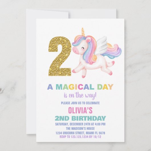 2e Rainbow Unicorn Verjaardag Uitnodigingen (Voorkant)
