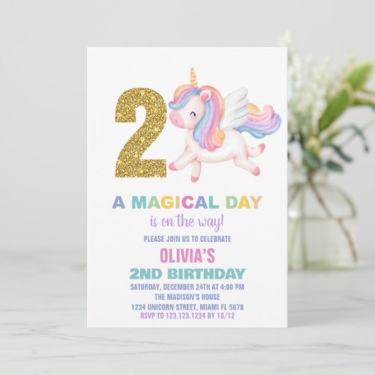 2e Rainbow Unicorn Verjaardag Uitnodigingen (Staand voorkant)