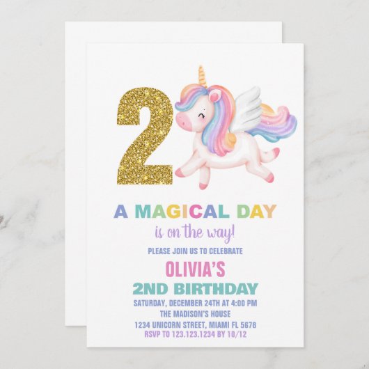 2e Rainbow Unicorn Verjaardag Uitnodigingen (Voorkant / Achterkant)