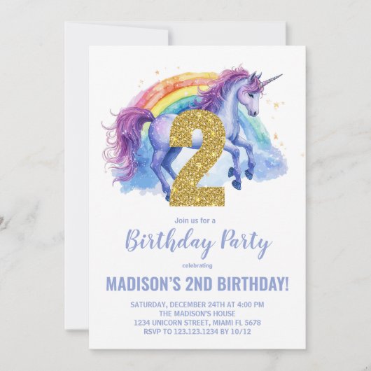 2e Rainbow Unicorn Verjaardag Uitnodigingen (Voorkant)