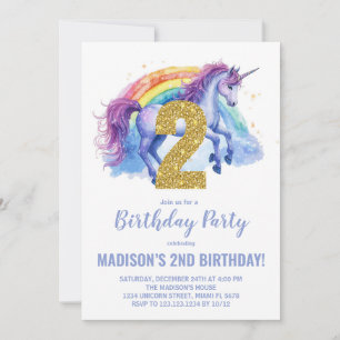 2e Rainbow Unicorn Verjaardag Uitnodigingen
