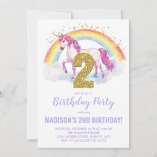2e Rainbow Unicorn Verjaardag Uitnodigingen