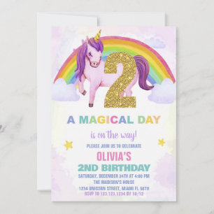 2e Rainbow Unicorn Verjaardag Uitnodigingen Cloud