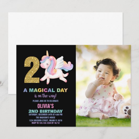 2e Rainbow Unicorn Verjaardag Uitnodigingen foto (Voorkant / Achterkant)