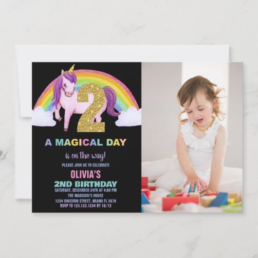 2e Rainbow Unicorn Verjaardag Uitnodigingen foto (Voorkant)