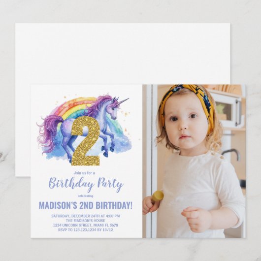 2e Rainbow Unicorn Verjaardag Uitnodigingen foto (Voorkant / Achterkant)