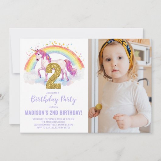 2e Rainbow Unicorn Verjaardag Uitnodigingen foto (Voorkant)