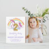 2e Rainbow Unicorn Verjaardag Uitnodigingen foto (Staand voorkant)