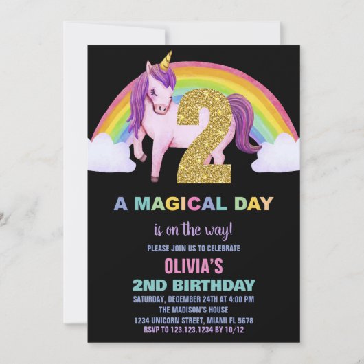 2e Rainbow Unicorn Verjaardag Uitnodigingen Glitte (Voorkant)