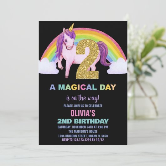 2e Rainbow Unicorn Verjaardag Uitnodigingen Glitte (Staand voorkant)