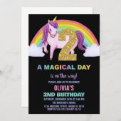 2e Rainbow Unicorn Verjaardag Uitnodigingen Glitte (Voorkant / Achterkant)